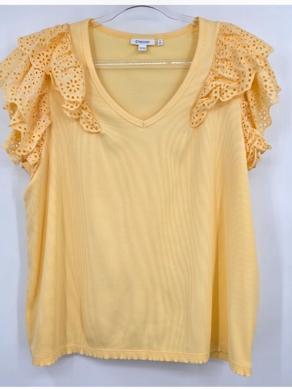 Chico's Lemon Yellow Eyelet Ruffle Sleeve V-Neck Tank size 1